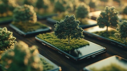 Sustainable business using smartphones for eco-friendly solutions, highlighting mobile technology in sustainability initiatives, such as carbon tracking or eco-friendly apps.