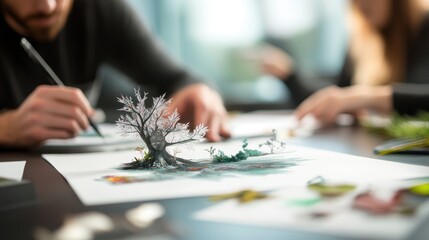 Fototapeta premium A group of artists working together on a creative project, using a variety of materials and tools to bring their visions to life.