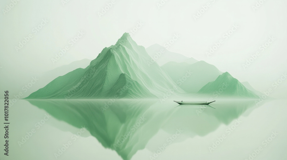 Poster a boat is floating on a lake in front of a mountain range