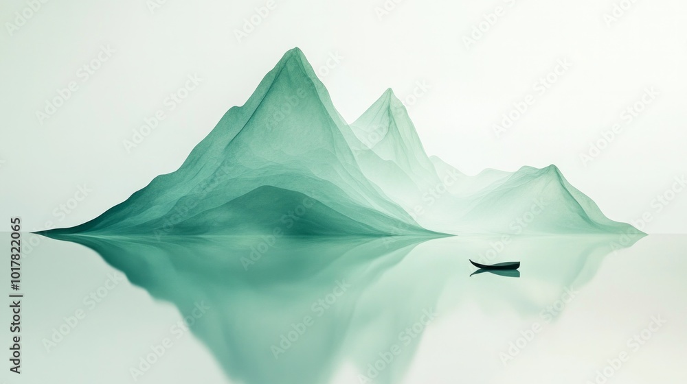 Poster a boat is floating on a lake in front of a mountain range