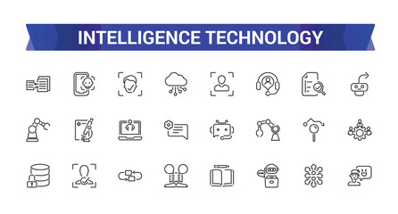 Artificial Intelligence Line Icons set. Vector illustration in modern thin line style of Intelligence Technology, AI Content, machine learning.