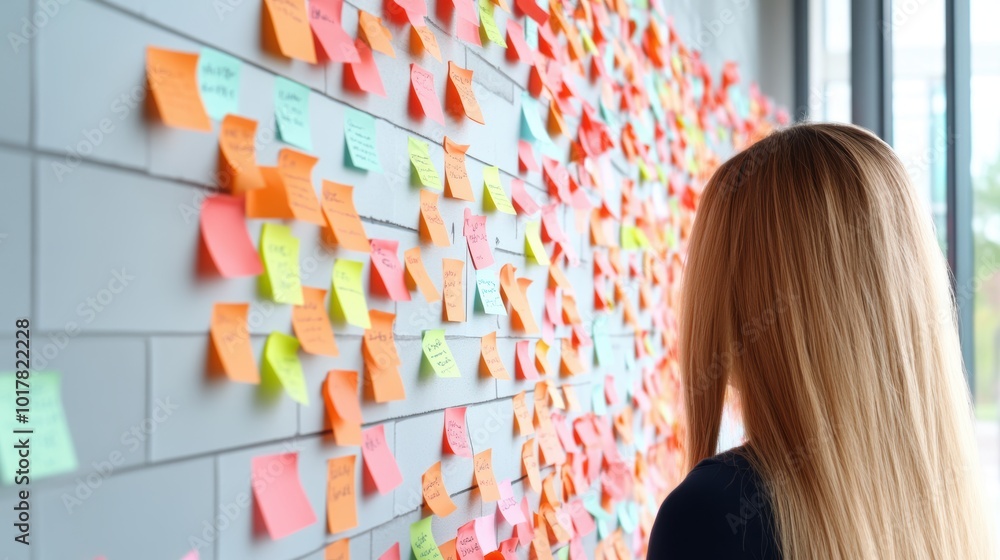 Poster a brainstorming session with diverse individuals, each contributing ideas on sticky notes to a large