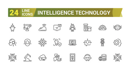 Artificial Intelligence Line Icons set. Vector illustration in modern thin line style of Intelligence Technology, AI Content, machine learning.