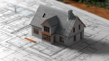 Plany architektoniczne leżą na stole roboczym, a w tle widać wznoszący się budynek.