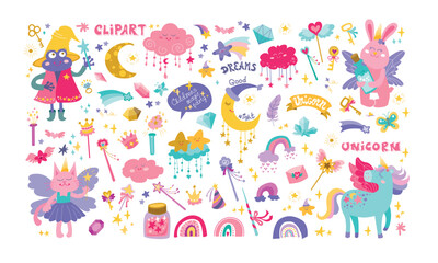 Chidrens magic animals set. Big collection with fairytale characters, fairy cat, unicorn © Татьяна Величко