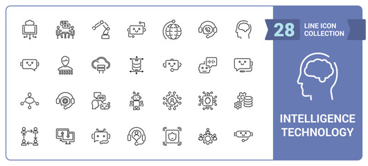 Artificial Intelligence Line Icons set. Vector illustration in modern thin line style of Intelligence Technology, AI Content, machine learning.
