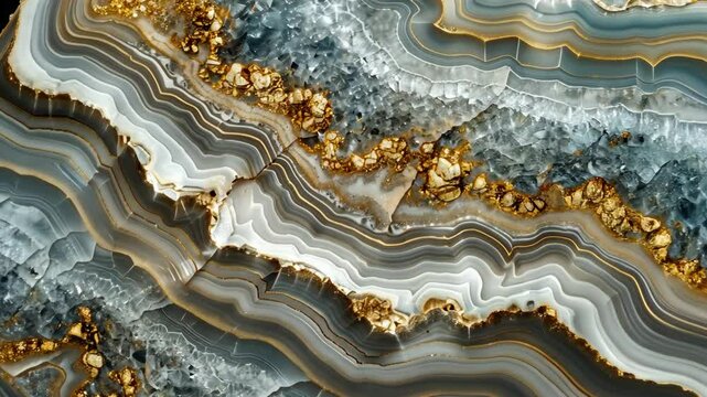 A close-up of an agate stone with a swirling, layered pattern in shades of gray, white, and gold