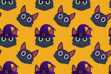 A seamless pattern featuring cute black cats, some wearing witch hats. Perfect for Halloween-themed designs, decorations, and prints.