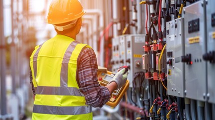A worker in a reflective vest and hard hat stands in front of a large electrical transformer, inspecting the transformer with a focused expression. repair,maintenance,troubleshoot, AI