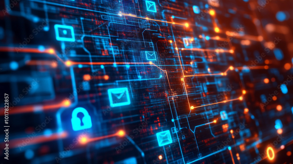 Poster a colorful image of a computer network with many icons, including a lock