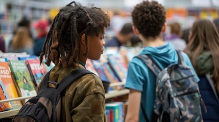 Naklejka premium Exploring Knowledge Young Minds Engrossed in Books at a Vibrant Middle School Book Fair