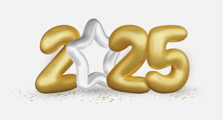 2025 Realistic glossy number with gold gift box. Happy New Year and Merry Christmas 2025. Greeting card. Vector 3d rendering.