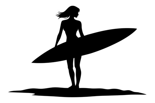 black silhouette surfer girl with surfboard clip art preview