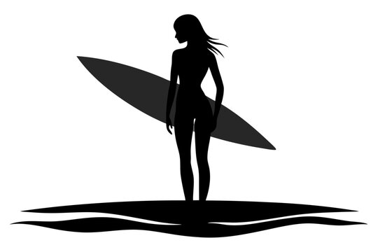 black silhouette surfer girl with surfboard clip art preview