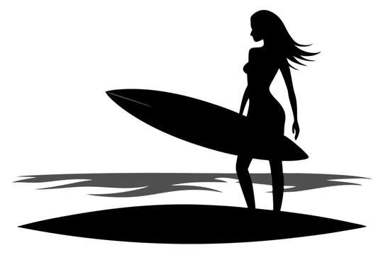 black silhouette surfer girl with surfboard clip art preview