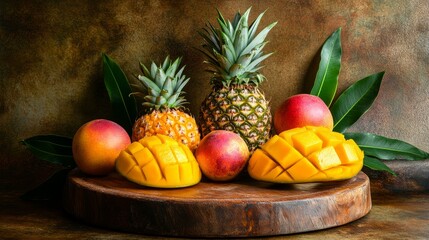 A vibrant arrangement of mangoes, pineapples, and peaches on a wooden board, showcasing fresh tropical fruits.