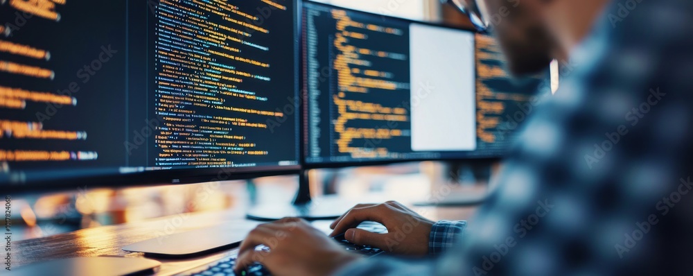 Poster A person coding on dual monitors displaying lines of code in a tech workspace.