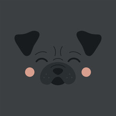 Cute black pug dog vector illustration. Pug head icon isolated on black background.