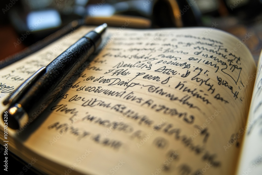 Aufkleber a close-up view of handwritten notes in a notebook with a pen resting on the page during a creative 