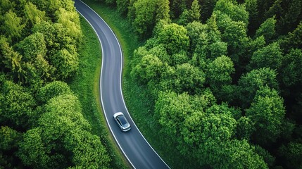 Aerial View of Car on Winding Road Through Green Forest