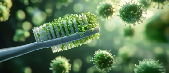 A toothbrush with green bristles and a green toothpaste on it