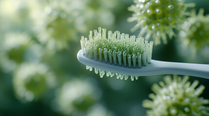 Fototapeta premium A toothbrush with green bristles is shown in a field of green plants