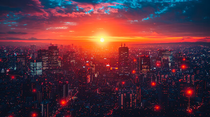 Obraz premium Vibrant Urban Sunset with Social Network Connective Dots in a Modern Metropolis