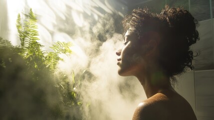 Woman in a sauna filled with herbal steam, inhaling the therapeutic vapor of herbs as they cleanse and rejuvenate her skin and body.