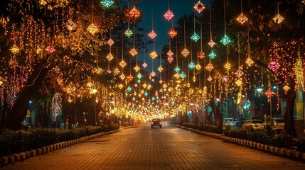 Diwali Street Decoration With Vibrant Lights Illuminating The Night generative ai
