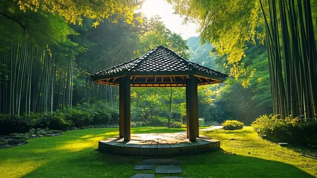 A serene gazebo in a lush forest, surrounded by sunlight and greenery footage