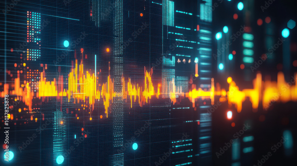 Poster abstract big data visualization with colorful digital wave patterns and futuristic interface backgro