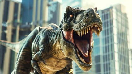 The Tyrannosaurus rex dinosaurs. It was a large carnivorous dinosaur that lived during the late Cretaceous period. T-Rex dinosaurs rampaging through a city	 - Powered by Adobe