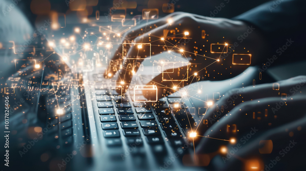 Poster hands typing on keyboard with digital network visualization at night symbolizing online communicatio