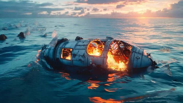 The blue ocean with wreckage of a spaceship in fire floating in the water	