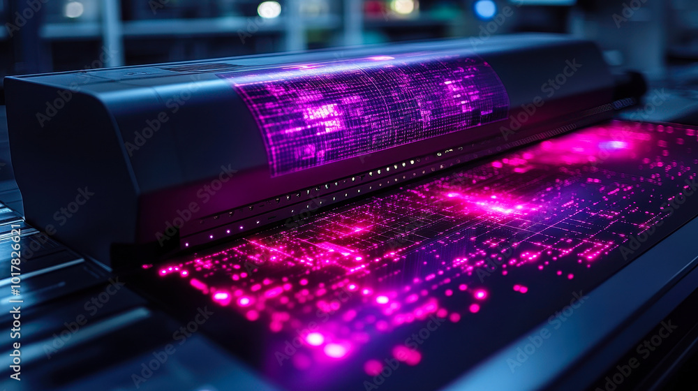 Aufkleber high-tech document digitization at night with neon lights depicting ai-powered scanning and conversi