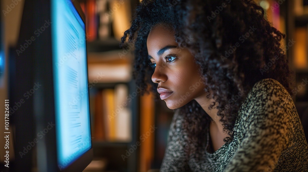 Poster woman concentrating on computer screen in library setting
