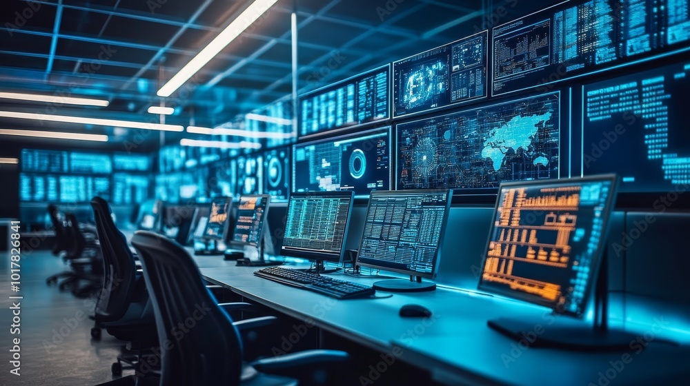 Aufkleber a high-tech control room with multiple monitors displaying data and analytics, designed for monitori