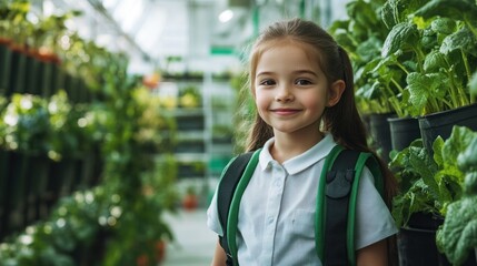 Young girl in eco-friendly school Ideal for content focusing on sustainable education, green schools, or environmental awareness in education.
