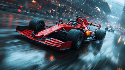Formula 1 Race Car in Rain, Driver Awaiting Start on Wet City Street at Night, High-Speed Motorsport Concept