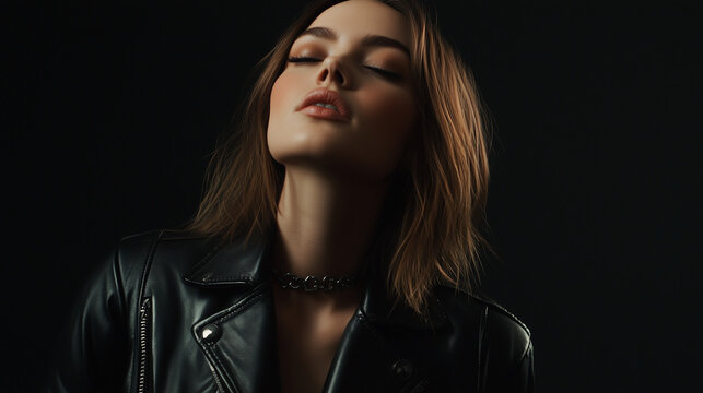 Stylowa kobieta w czarnej sk&oacute;rzanej kurtce, kt&oacute;ra wygląda jak z okładki magazynu mody. Jej postawa jest pewna, a uśmiech intrygujący.