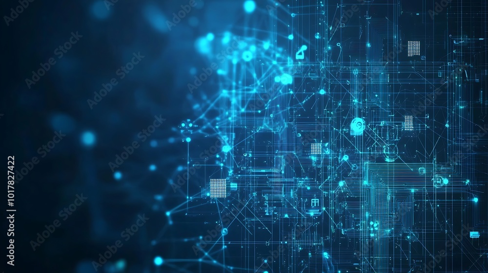 Poster Abstract blue digital network background with connected lines and nodes, representing global network, data connection, digital communication, and information technology.