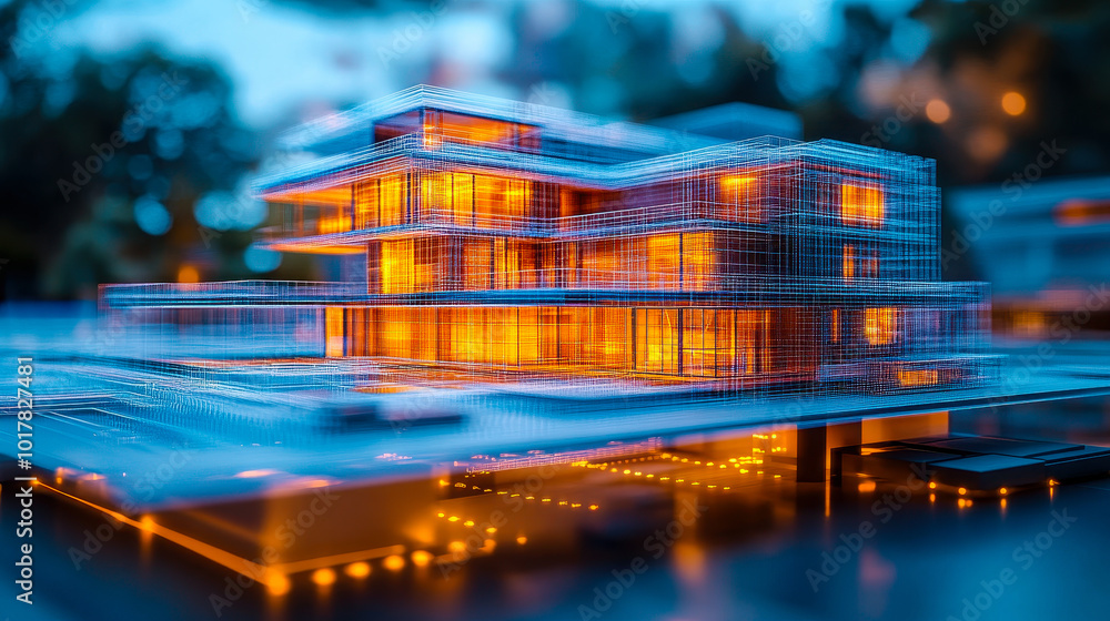 Poster futuristic digital building information modeling (bim) visualization of modern architectural design 
