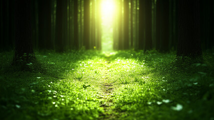 Obraz premium serene forest path illuminated by soft sunlight, surrounded by lush greenery and tall trees. vibrant grass and gentle light create peaceful atmosphere, inviting exploration