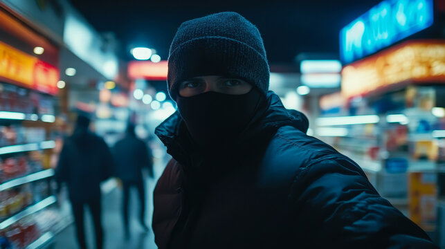 Nighttime Retail Surveillance: Masked Individual in Store Aisle Amid Security Concerns and Theft Vigilance