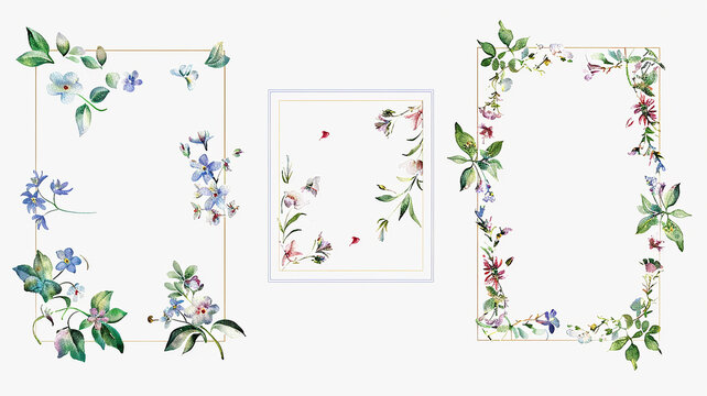 rectangular floral frame, thin flat ornament isolated on a white background