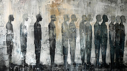 art black silhouettes of people on the wall, minimalism, row of people, queue, full-length, social problems concept