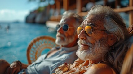 Two senior men relax on beach chairs by the ocean, wearing sunglasses and enjoying the summer day