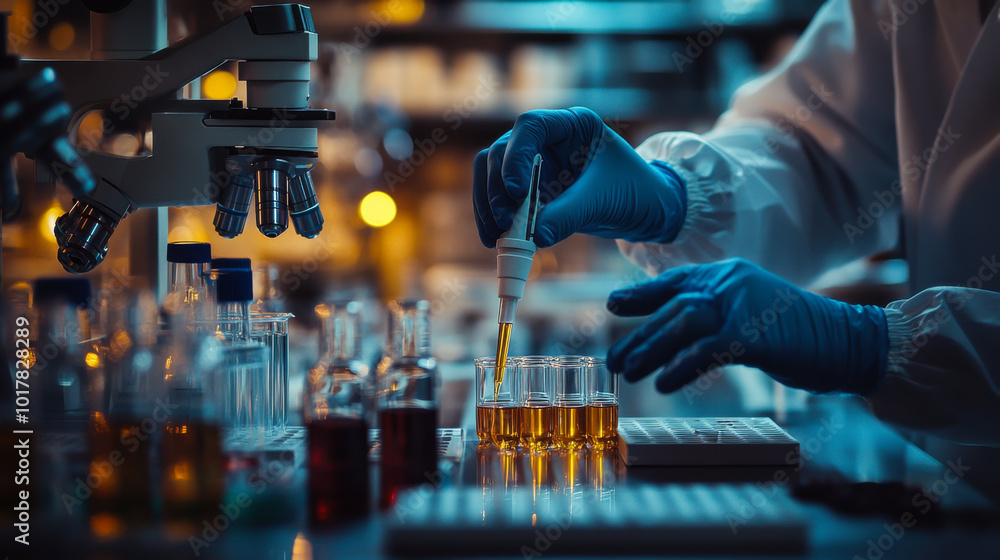 Poster scientist conducting experiments in a laboratory with test tubes and a microscope under bright light