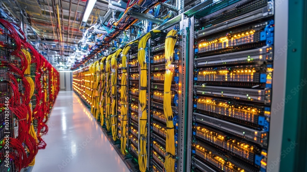Poster a data center filled with servers and cables, showcasing advanced technology for data processing and