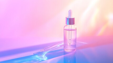 Stunning transparent cinematic look serum bottle lying down and dramatic cinematic pipette on background with water gradient, light gradient background